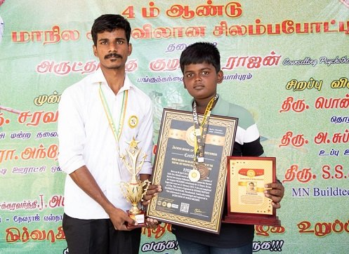 WORLD RECORD ON RELENTLESS ROTATION OF THE MARTIAL ART WEAPON  VELKAMBU FOR 12 HOURS