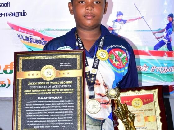 LONGEST ROTATION OF MULTIPLE MARTIAL ART WEAPONS BY AN INDIVIDUAL FOR 75 MINUTES WHILE ON A MOVING BOAT